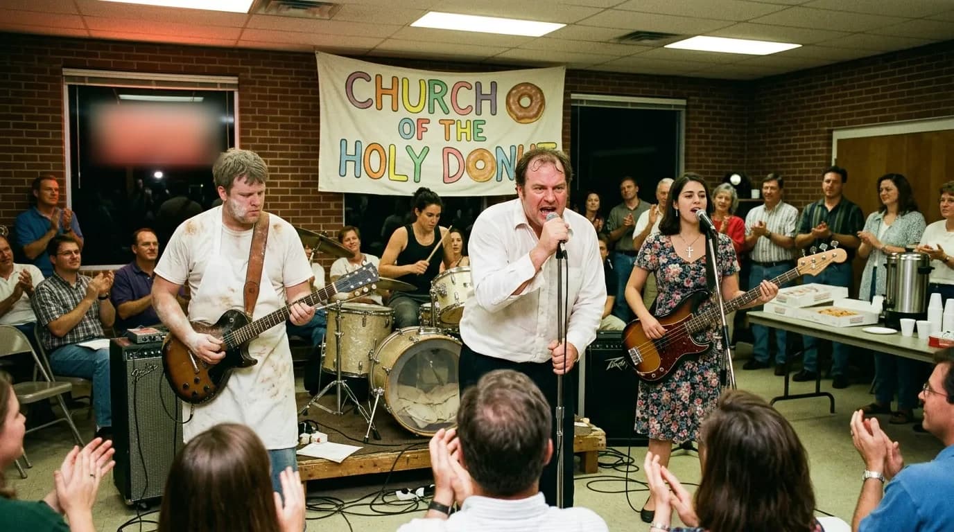 Church of the Holy Donut playing a church fellowship hall